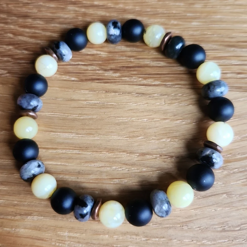 Yellow Opal, Black Onyx & Gray Larvikite Beads Stretch Bracelet, Hand Crafted - Picture 2 of 11